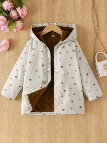Young Girls' Casual Cute Heart Hooded Fleece Jacket, Daily Wear Windbreaker, Autumn - Brown - View 1