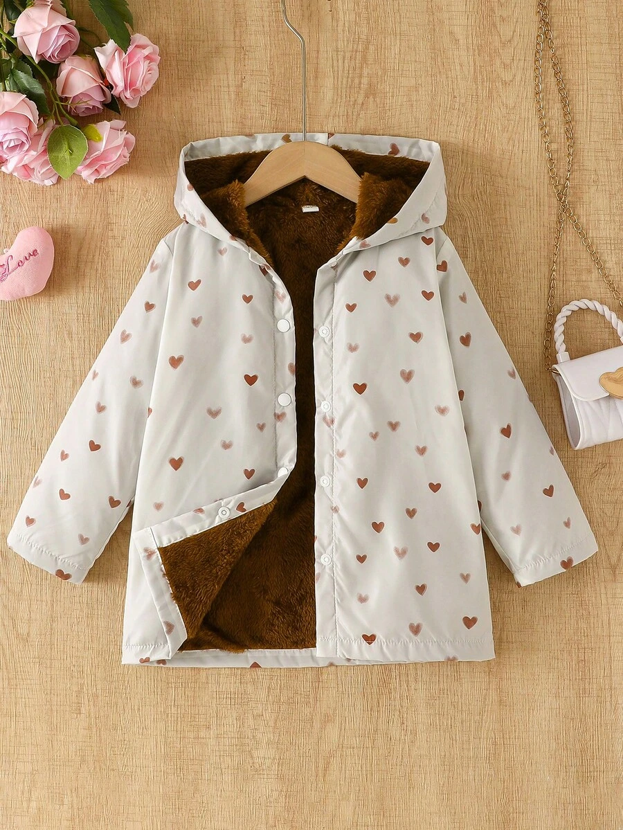 Young Girls' Casual Cute Heart Hooded Fleece Jacket, Daily Wear Windbreaker, Autumn - Brown - View 1