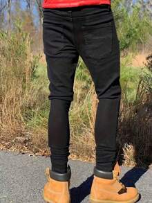 Teen Boy Black Jeans, Grey Elastic Slim Fit Casual Comfortable Denim Pants, Suitable As Gift For Teen Friends Party - Black - View 2