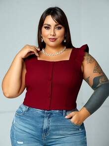 Women's Summer Plus Size Cropped Blouse With Ruffled Sleeves, Button Detail, Back Zipper, Curve Look, Sizes 44 To 54 - Burdeos - Ver 3