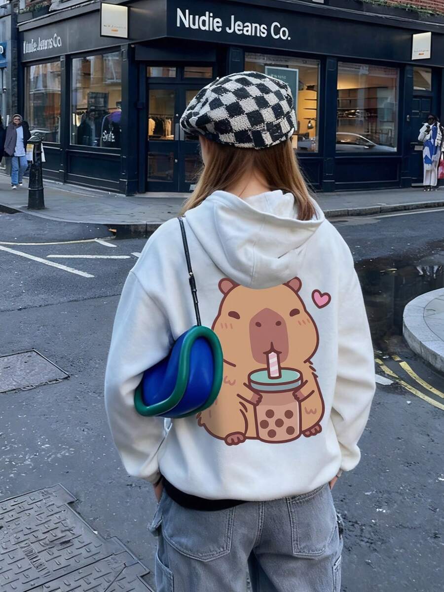 1件少女休闲印花套头卫衣,保暖内衬,长袖,秋冬季 - 白色 - 查看 1