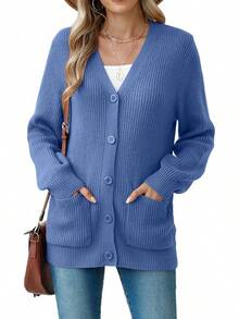 Women Chunky Knit Cardigan Sweater Long Sleeve Button Up Cardigan With Pocket Sweater Coat Fall And Winter, Fashionable Knitwear SLK8 - Màu xanh lam - Xem 2