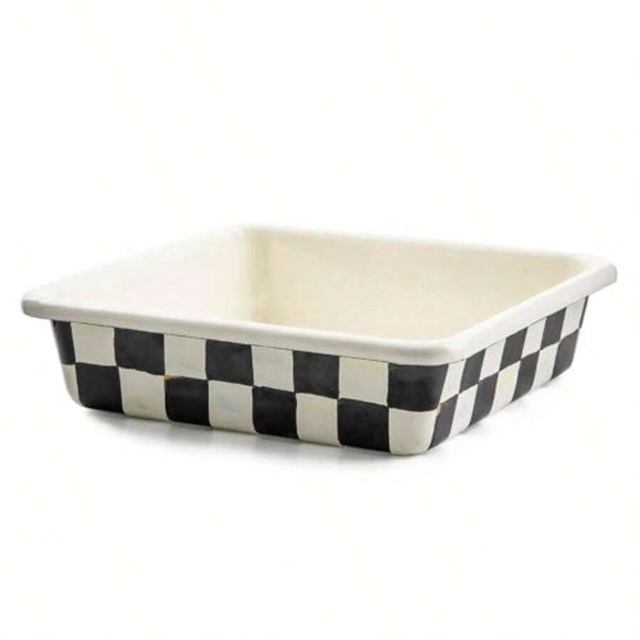 8Inch Enamel Baking Pan Metal Oven Pan For Baking BlackandWhite Courtly Check Design Perfect For Home Kitchen Use Durable NonStick Surface Ideal For Cakes Cookies And Roasting Vegetables - CourtlyCheck - 查看 1
