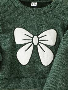 2pcs/Set Baby Girls Casual Cute Embroidered Bow Ruffle Cuff Long Sleeve Sweatshirt Matched With Solid Color Pants Outfit, Autumn/Winter - Green - View 4