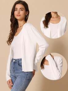 Allegra K - Cárdigan corto ligero para mujer, estilo casual, con frente abierto, cárdigan de punto - Negro - - Ver 2