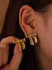 1pair Gold Stainless Steel Bow Knot & Ribbon Design Stud Earrings Suitable For Women's Daily Wear, Jewelry Gift