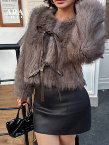 ARA CHIC Women's Gray Bow-Accented Plush Faux Shearling Coat - Luxurious, Slim-Fitting & Warm Elegant Outerwear For Banquets, Autumn Winter New Style