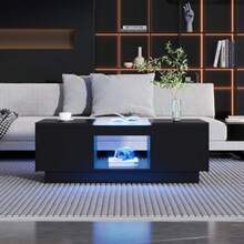 Black Coffee Table 100x50x35.5 Cm – With Glass Top, LED Lighting, App Control, 2 Drawers And 1 Open Compartment - Black - View 1