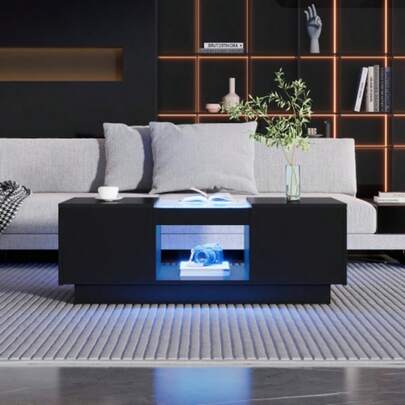 Black Coffee Table 100x50x35.5 Cm – With Glass Top, LED Lighting, App Control, 2 Drawers And 1 Open Compartment