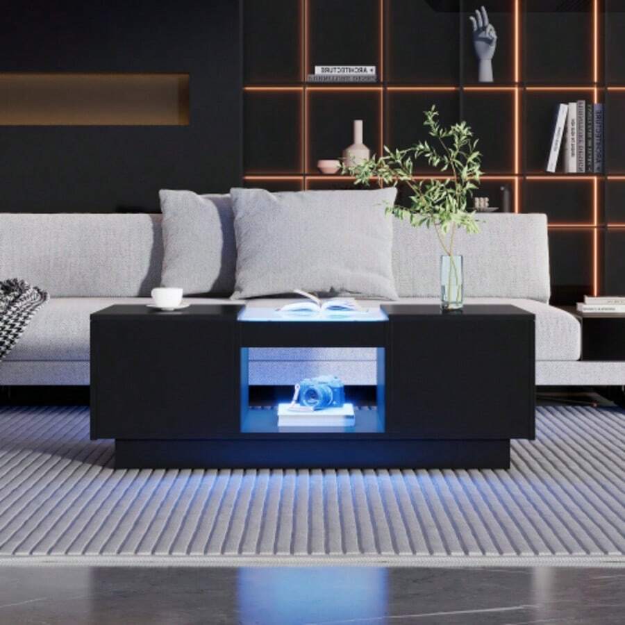 Black Coffee Table 100x50x35.5 Cm – With Glass Top, LED Lighting, App Control, 2 Drawers And 1 Open Compartment - Black - View 1