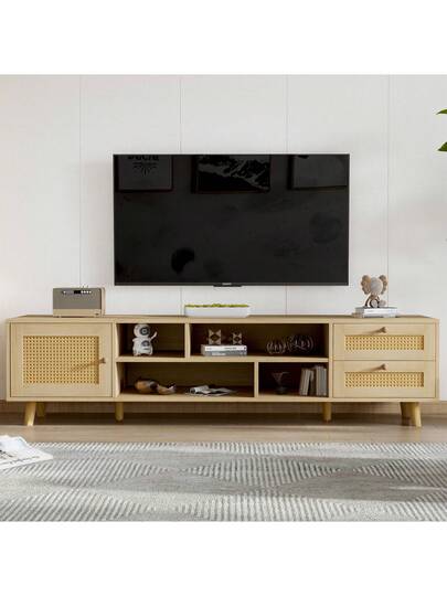 High End 160cm Rattan TV St In Wood Finish 70 Inch TVs Cable Management, Drawers, Door, Unit, Base Living Room Furniture, Low view 5