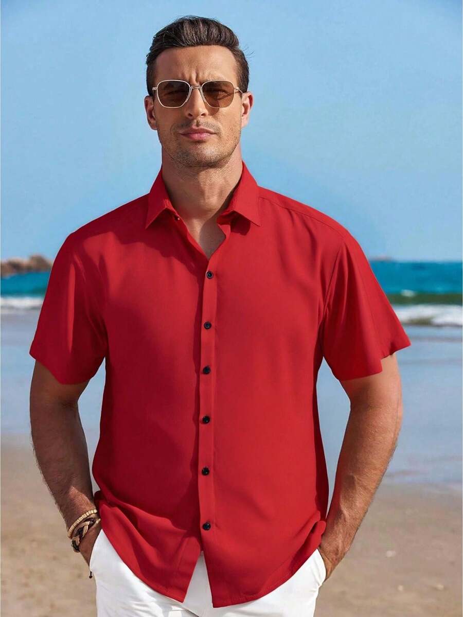 Men's Basic Plain Short-Sleeved Dress Shirt For Summer - Red - View 1