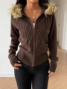 Women's Casual Cute Y2K Preppy Long Sleeve Cable Knit Sweater Cardigan Fur Hooded Zipper Coat Jacket Knitted Top New Autumn And Winter Going Out Outfits Clothes For Women Christmas Thanksgiving New Year Outfits School Streetwear Daily Wear Night Out Travel Home Brown