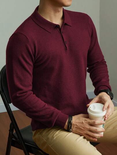 Herr Casual Enfärgad Långärmad Stickad Polotröja, Höst/Vinter