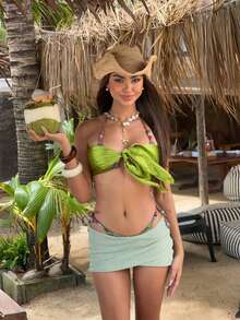 Women's Swimsuit Set, Featuring Backless Crop Top With Geometric Pattern And Tie-Back Design, Paired With Triangle Bikini Bottom, Suitable For Beach Vacation - Green - View 13