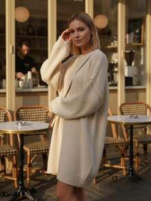 1pc Plus Size Loose Solid Ribbed Plus Size Sweater, Casual Home & Everyday Wear, Autumn/Winter - Beige - View 5