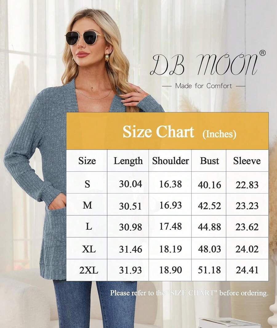 DB MOON - Cárdigan largo para mujer, ligero, con frente abierto, manga larga, con bolsillos - azul, azul marino, (Daisy Navy Blue) - Ver 1