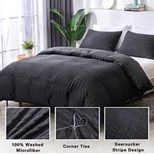 AveLom Seersucker Duvet Cover Set Queen Size 90 X 90 Inches 3 Pieces (1 Duvet Cover + 2 Pillow Cases) Black Ultra Soft Washed Microfiber Textured Duvet Cover With Zipper Closure Corner Ties - Black - View 2