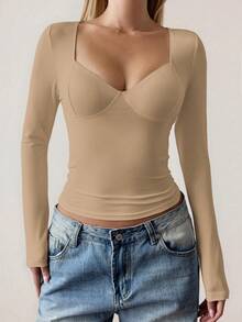 Vaiaye 女士性感修身深V领长袖上衣，纯色针织T恤，适合情人节及春季休闲穿着 - 駝色 - 查看 7