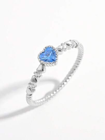 1pc Elegant & Fashionable Petite Vintage 925 Sterling Silver Cubic Zirconia Heart Design Ring, Suitable For Women Party, Anniversary, Valentine's Day Gift
