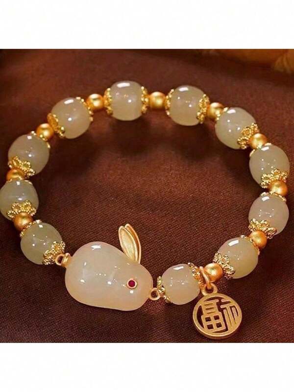 1pc Year Of Rabbit Lucky Charm Imitation Jade Rabbit Bracelet, Faux Agate Glass Bracelet Girls, Choice Gifts