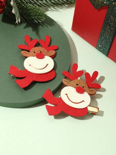 2pcs Women's Christmas Non-Woven Fabric Red Reindeer Cute Party Hair Clips
