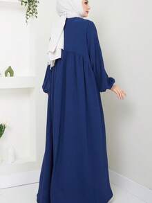 Abaya lunga elegante e solida blu navy con maniche lunghe e lunghezza alla caviglia, abbigliamento islamico classico e dignitoso per le donne - Blu Navy - Visualizzare 4