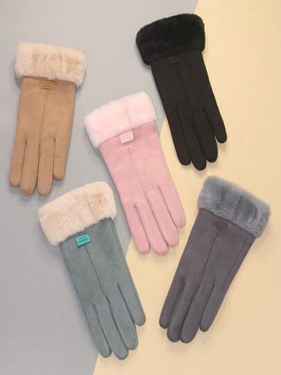 1 par de guantes de ante para exteriores cálidos, guantes forrados y reforzados de estilo coreano para el invierno, guantes de forro polar a prueba de viento y frío para mujer para ciclismo y juegos de nieve en otoño e invierno, guantes casuales de doble capa con pantalla táctil
