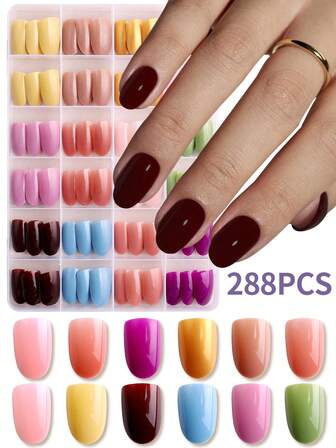 288 Pieces Short Oval Acrylic Press On Nails, 12 Different Colored Glossy Artificial Acrylic Fake Nails, Suitable As Gifts For Girls And Women, Suitable For Holiday Parties, Dates, And Daily Wear