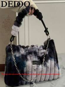 Dedoo 扎染毛绒单肩腋下包，一款奢华的女士单肩毛绒方形包，魅力十足，优雅时尚。适合女性日常通勤、聚会、婚礼、舞会等场合。 - 黑色 - 查看 2