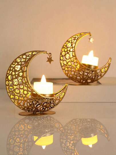 1pc Ramadan Gold Metal Crescent Moon Candle Holder, Ramadan Blessing Candle Holder, Star Design, Tabletop Decor, Eid Mubarak Decoration, Ramadan Party Supplies, Islamic Ramadan Gathering Items, Ramadan Home Decor, Eid Mubarak Ramadan Gift
