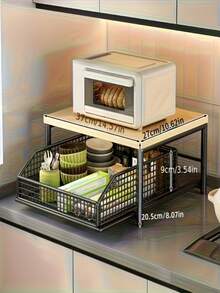 Rak Penyimpanan Meja Dapur 2 Tingkat dari Kayu Solid dan Logam dengan Laci dan Keranjang Kawat - Pengatur Hemat Ruang untuk Mesin Kopi, Peralatan Dapur, Bumbu - Desain Hitam Putih Modern, Tidak Membutuhkan Listrik, Rak Penyimpanan Rumah yang Tahan Lama, Rak Oven Microwave - MultiWarna - View 3