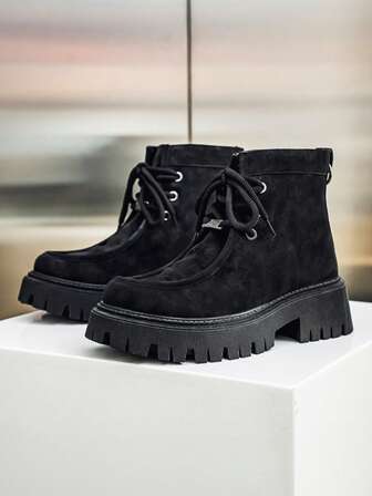 New Men's Casual Fashion Minimalist Chunky Boots, Chelsea Style Thick Sole Lace-Up Leather Boots