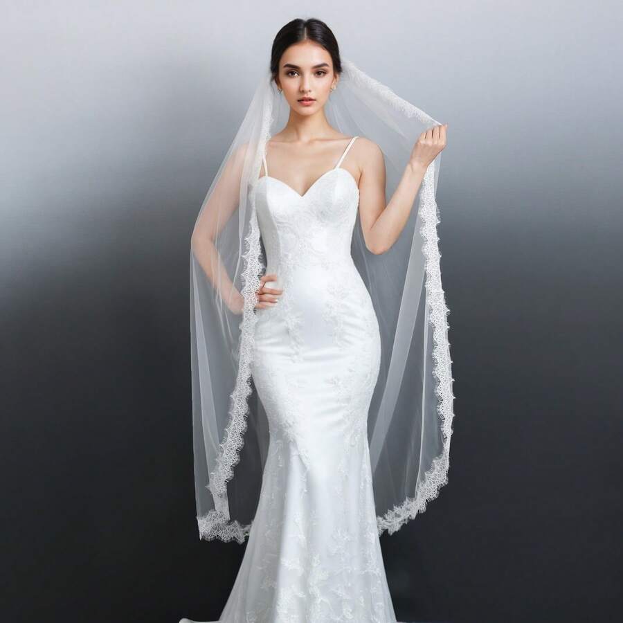 1pc Bride Wedding Mid-Length Lace Trim Luxury White Vintage Bridal Veil Accessory For Photo Shoot