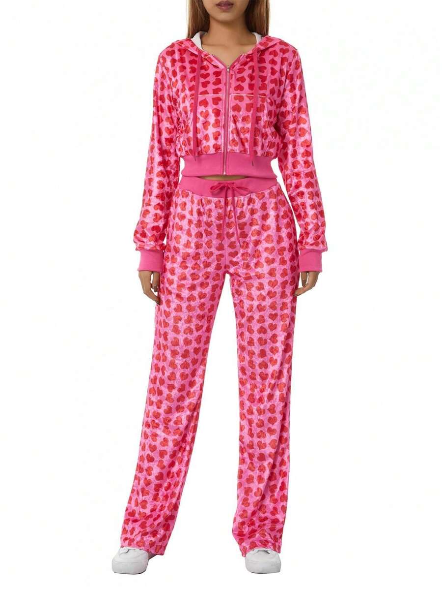 Female Short Coat, Heart Print Long Sleeve Tops With Zipper And Pockets For Spring Fall, Red, S/M/L - Red Top - View 1