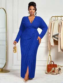 BIUBIU 大码女式长袖V领休闲优雅简约春秋冬装，适合返校季和感恩节穿着 - 寶藍色 - 查看 4