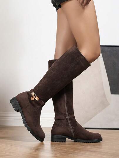 Women's Fashion Over-The-Knee Boots, Chunky Heel Riding Boots For Autumn/Winter, New Metal Buckle Decor Side Zipper Tall Boots, Versatile High Shaft Boots, Casual Vacation Western Style Round Toe Chunky Heel Holiday Knee-High Boots, Comfortable Brown Suede Winter Boots, Ladies Cowboy Boots