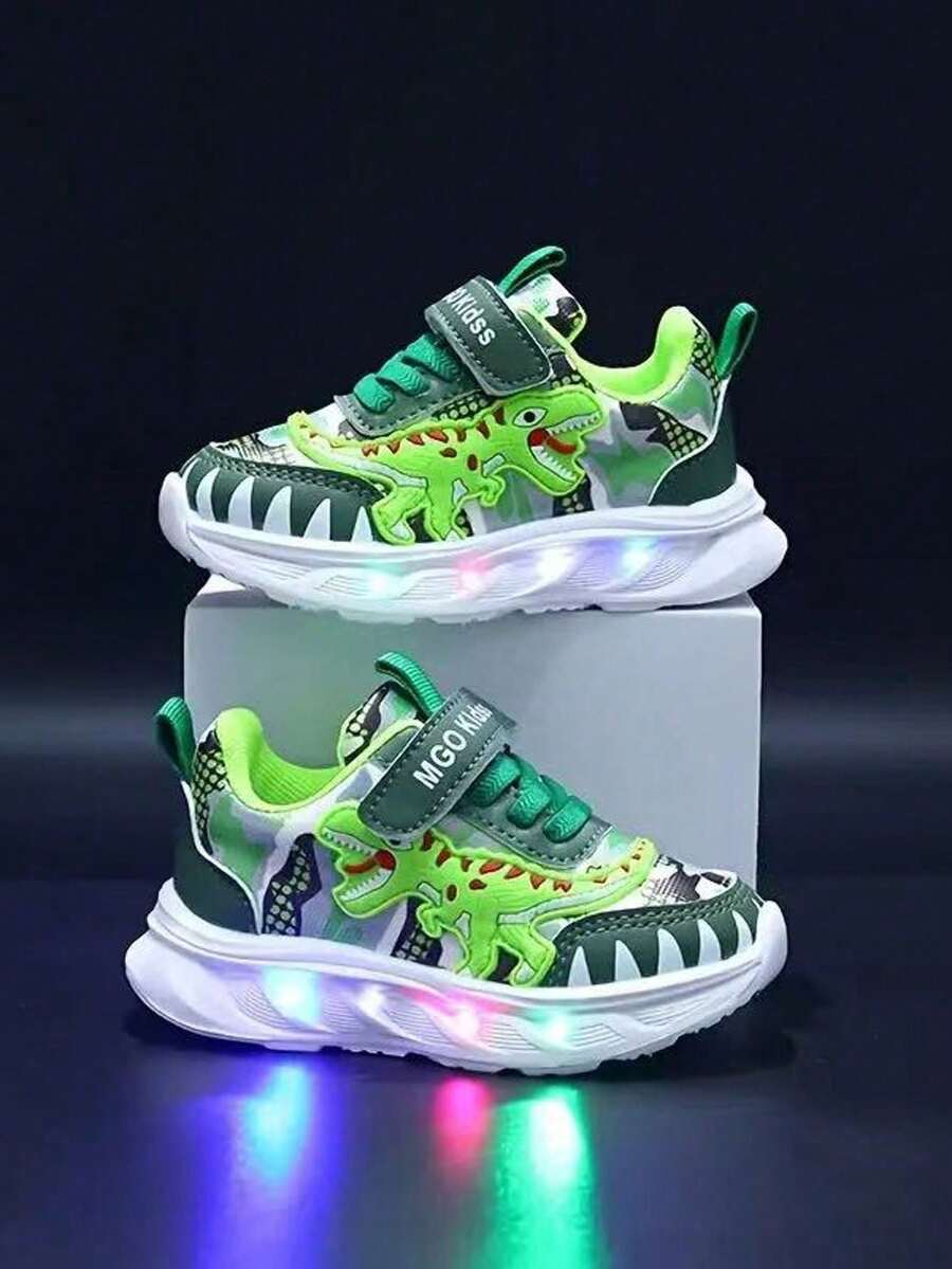 1 Pair 2026 New Dinosaur Design Kids/Toddlers Outdoor Sports Running Casual Shoes With Light-Up Feature, Suitable For Boys And Girls - Green - View 1