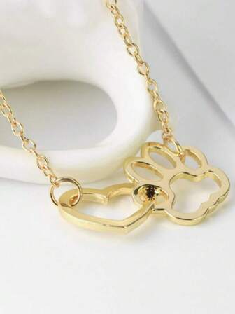 1pc Cute Cartoon Petite American Hip-Hop Vintage INS Adorable Hollow Heart & Paw Print Necklace