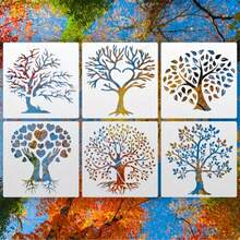 6 Stücke wiederverwendbarer Lebensbaum Schablonen-Set, PET Malvorlage für Wand, Matte, Boden, Stoff, Kleidung, Möbel, Leinwand, Karten DIY Basteln