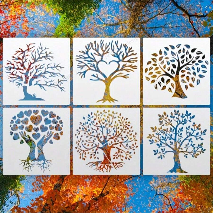 6 Stücke wiederverwendbarer Lebensbaum Schablonen-Set, PET Malvorlage für Wand, Matte, Boden, Stoff, Kleidung, Möbel, Leinwand, Karten DIY Basteln