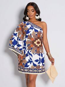 AIJ Vestido casual de mujer Amarilo con estampado de selva tropical y flecos en el bajo, adecuado para el uso diario y de vacaciones, nuevo vestido con estampado floral para primavera/verano - Azul - Ver 4