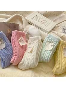 2 Pairs Of Twisted Pattern Socks, Soft And Warm Plush Mid-Calf Socks, Candy Color Smooth Women's Long Socks And Knitted Socks, Suitable Gifts - 2 Pairs Of Random Mixed Colors - View 2