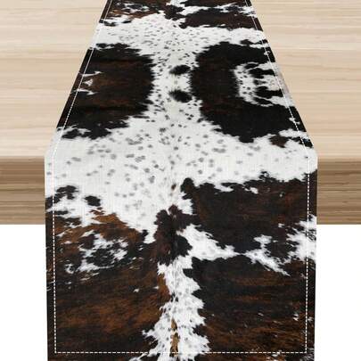 Bordlöpare med komönster, brun duk med kohudtryck i västerländsk stil, lantlig rustik bordsdekoration med komönster lämplig för hem, kök, matsal