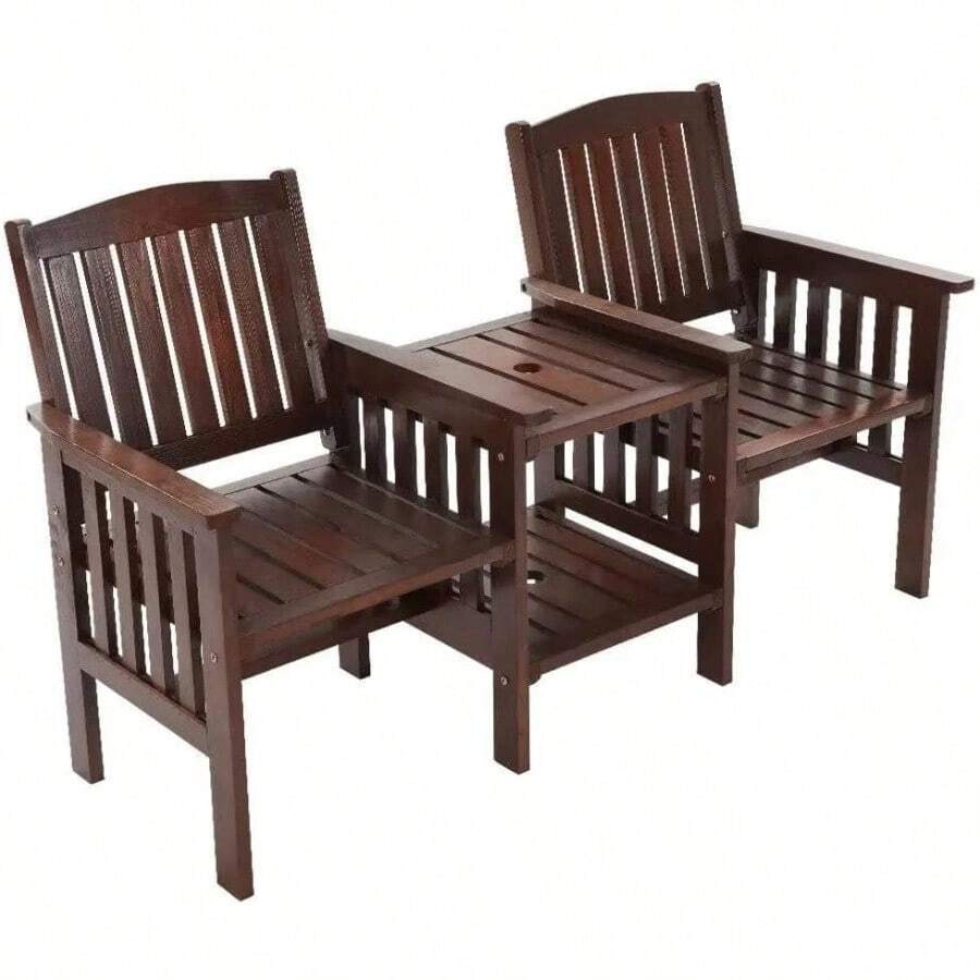 Outdoor Garden Bench Seat 2 Seater Wooden Loveseat Benches Lounge Chair Relax Patio Furniture Chairs Park Pool Backyard With Folding Table Umbrella Hole Charcoal Brown