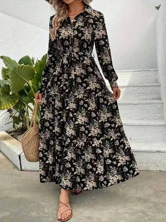 ชุดเดรสลำลองแขนยาวพิมพ์ลายดอกไม้สำหรับสตรีไซส์ใหญ่