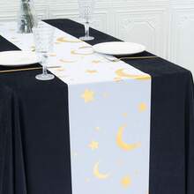 Elegant Ramadan Table Runner, 11*108 Inch Linen Texture, Crescent And Star Pattern, Perfect For Iftar Parties And Celebrations, Dinners, And Family Gatherings.