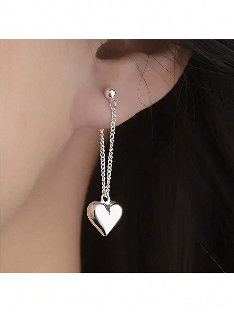 Elegant And Shining Siery Heart Chain Earrings,, Suitable Attending Gorgeous Parties, Give Her A Thoughtful, Exquisite And Delicate - 銀色 - 查看 1