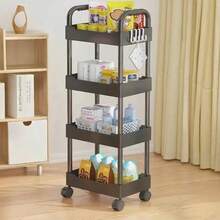 Un soporte de suelo móvil multifuncional de 4 niveles con ruedas, un carrito de almacenamiento móvil de cuatro estantes con asas que ahorran espacio.Estanterías versátiles para el hogar, la oficina, la cocina - Negro - Ver 8