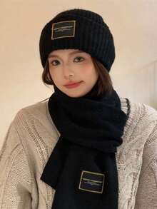 女士冬季围巾两件套 - 黑色羊毛帽、大头针织帽、保暖帽、保暖围巾 - 彩色 - 查看 1